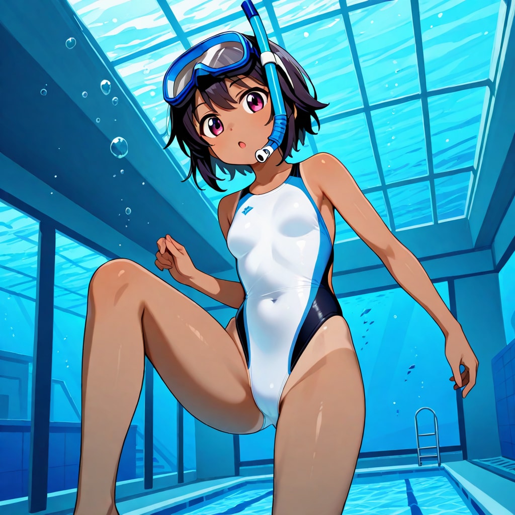 プールにいる競泳水着の日焼け少女
