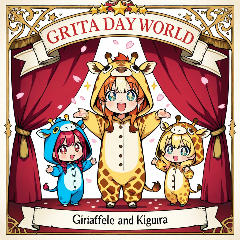 レトロな雰囲気の演劇ポスターの主役のキリン着ぐるみちび子ちゃん