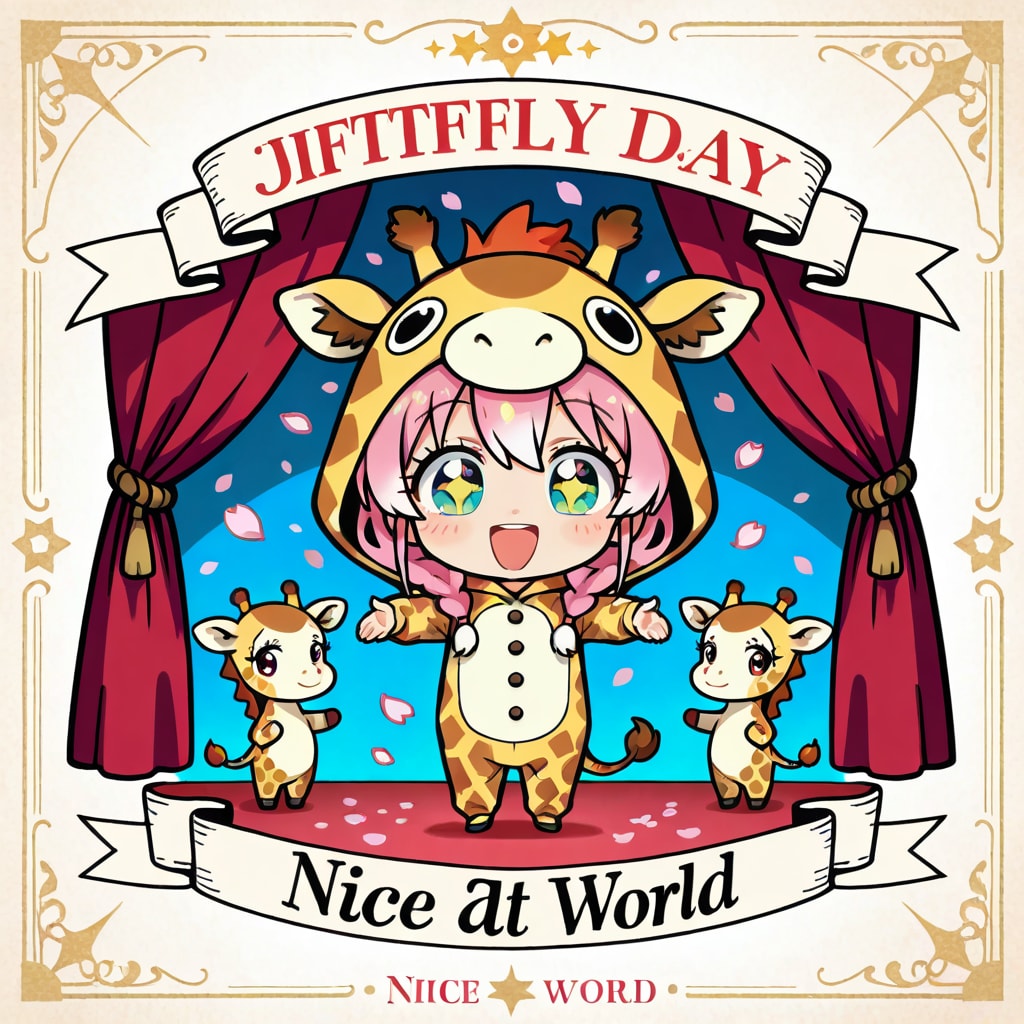 レトロな雰囲気の演劇ポスターの主役のキリン着ぐるみちび子ちゃん | の人気AIイラスト・グラビア