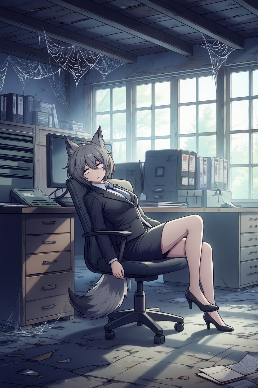 廃墟と化した会社事務所で白眼を剥いて気を失っているスーツ姿のオオカミ娘