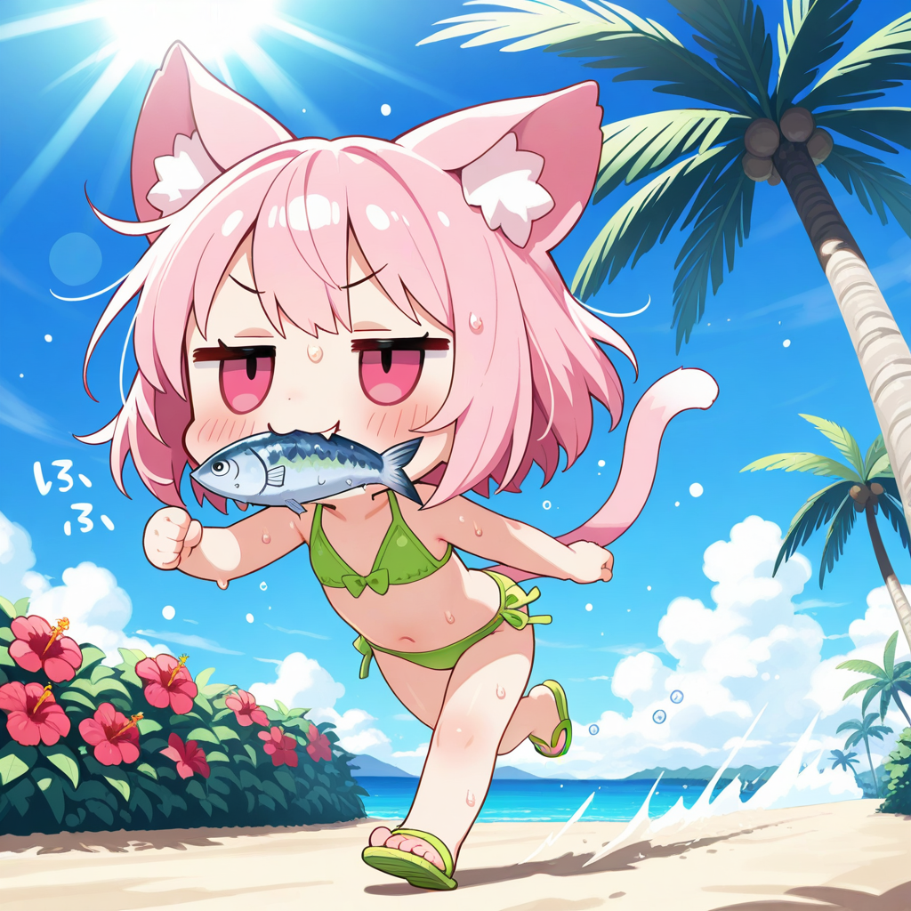 緑のビキニを着てもやることは変わらないねこちゃん！！