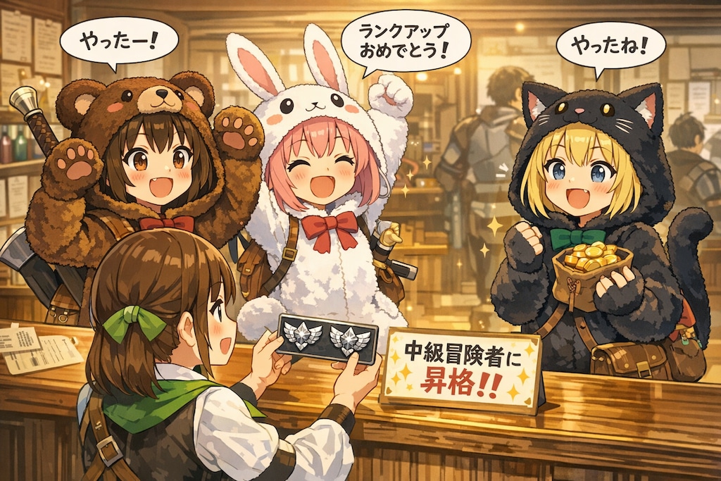 【All0424c】先日のスライム討伐依頼の報酬を受け取りに来たら、冒険者ギルトのお姉さんから中級者冒険者にランクアップしたことを知らされる（モデル: ChatGPT）