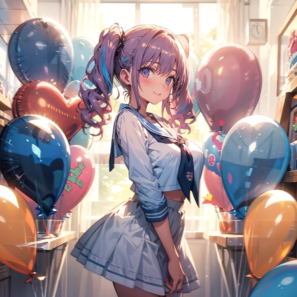 いっぱい色とりどりの風船を持つ紫髪ツインテールのセーラー服着た美少女