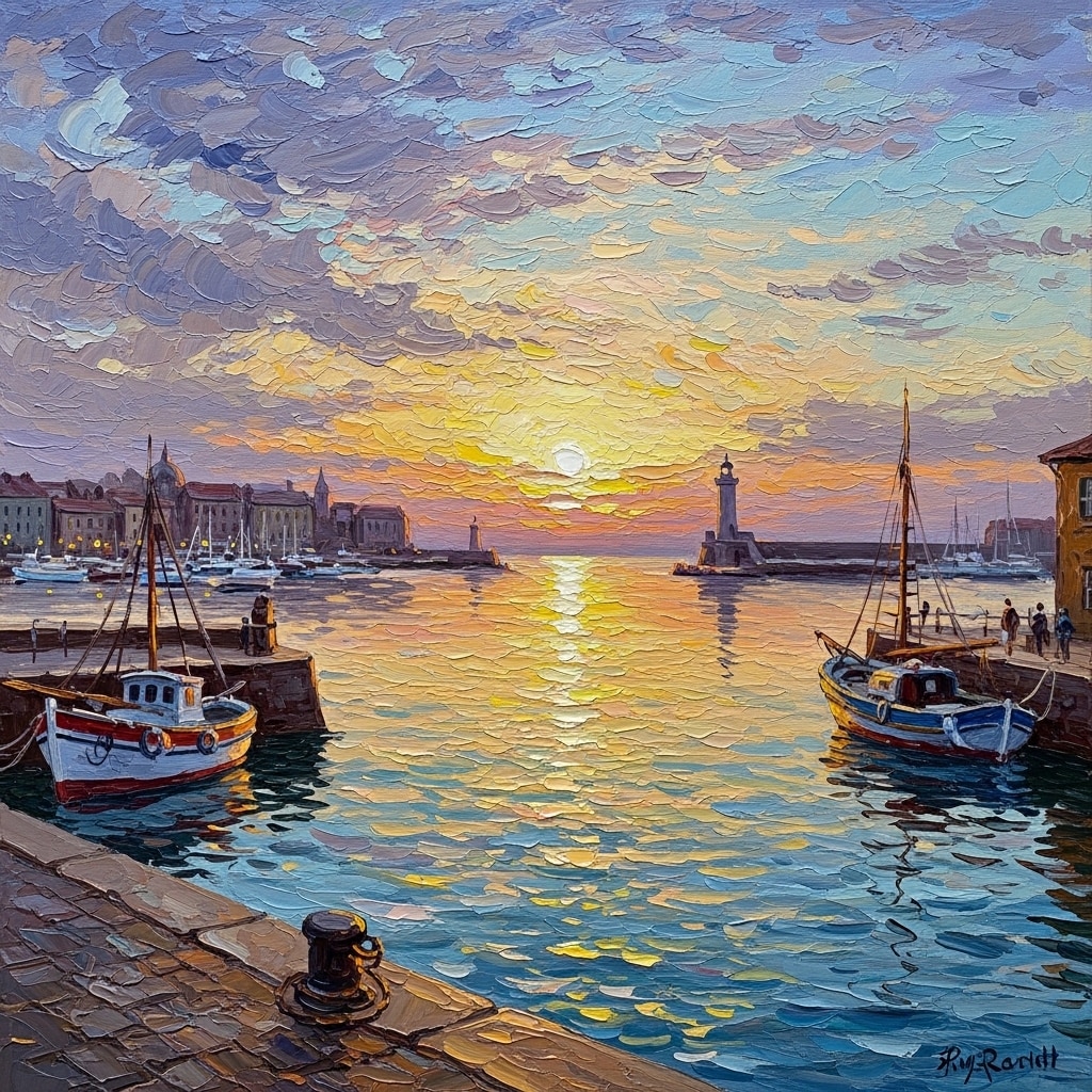 油絵　南仏の港町