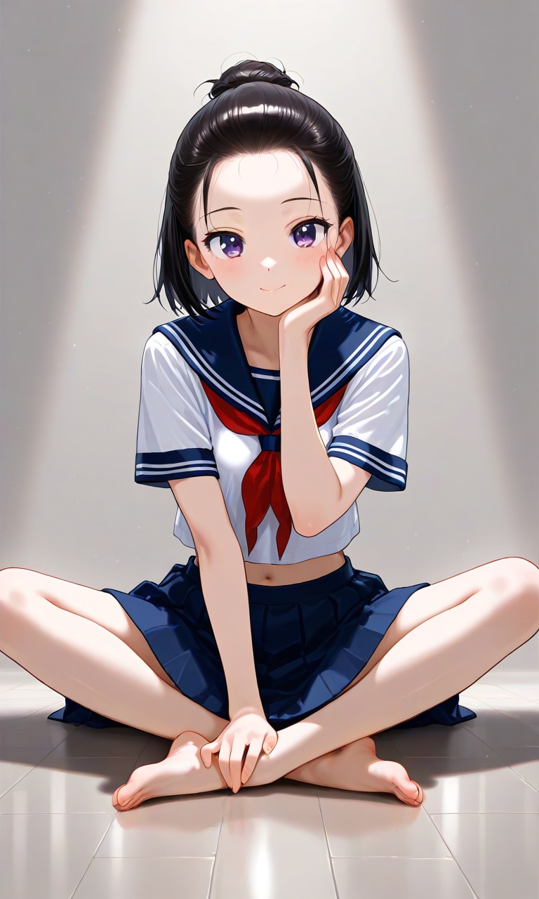 シニョン、セーラー服、あぐら1 | の人気AIイラスト・グラビア