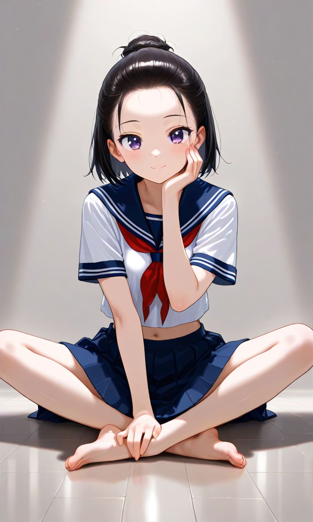 シニョン、セーラー服、あぐら1