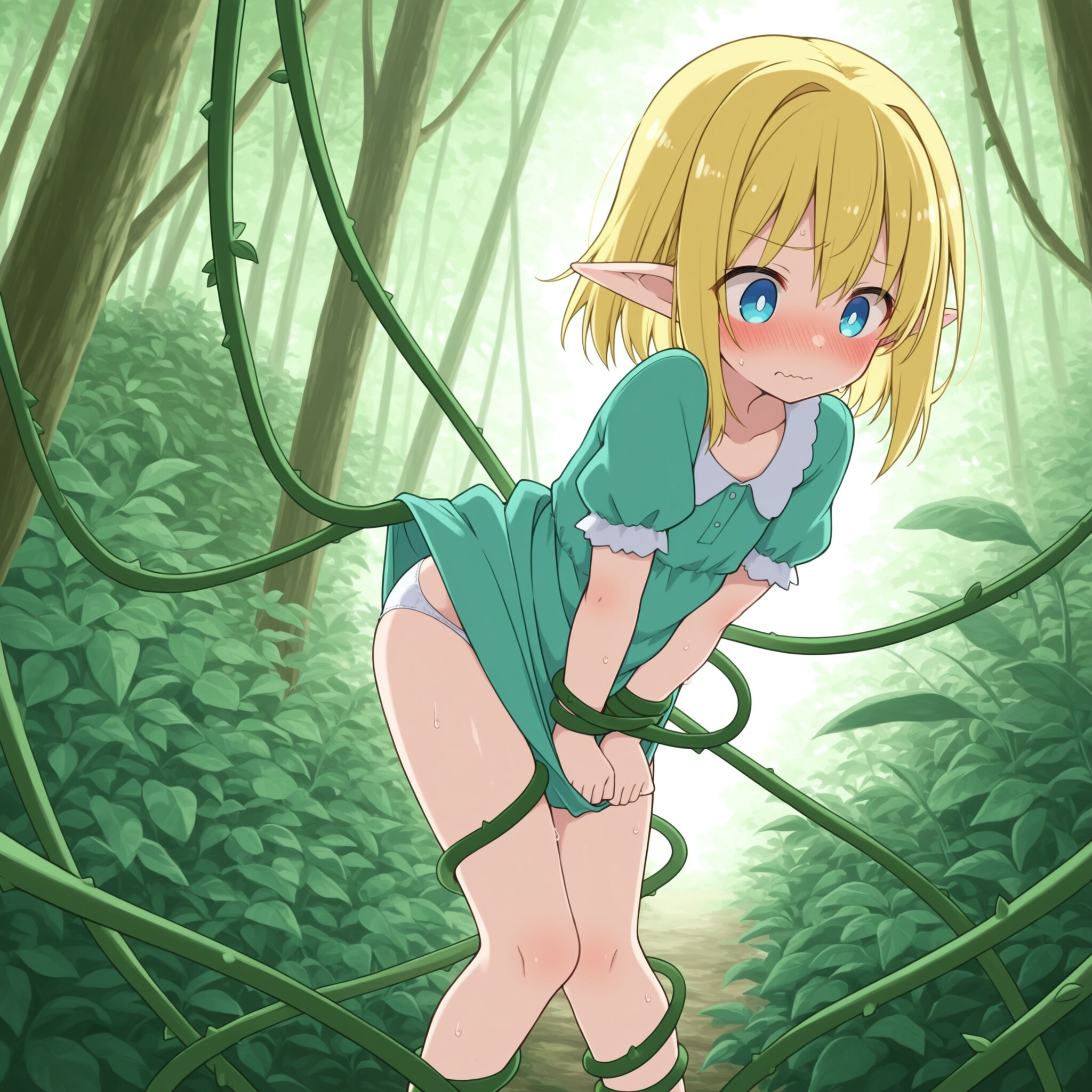 スカートをめくられるエルフの少女