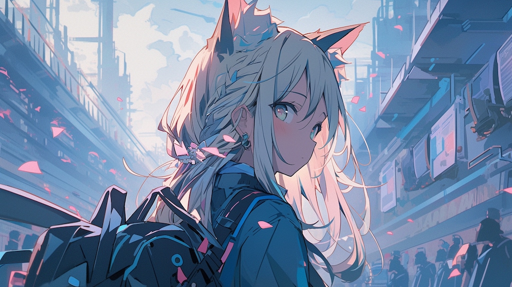 桜舞う未来都市で振り返る猫耳少女