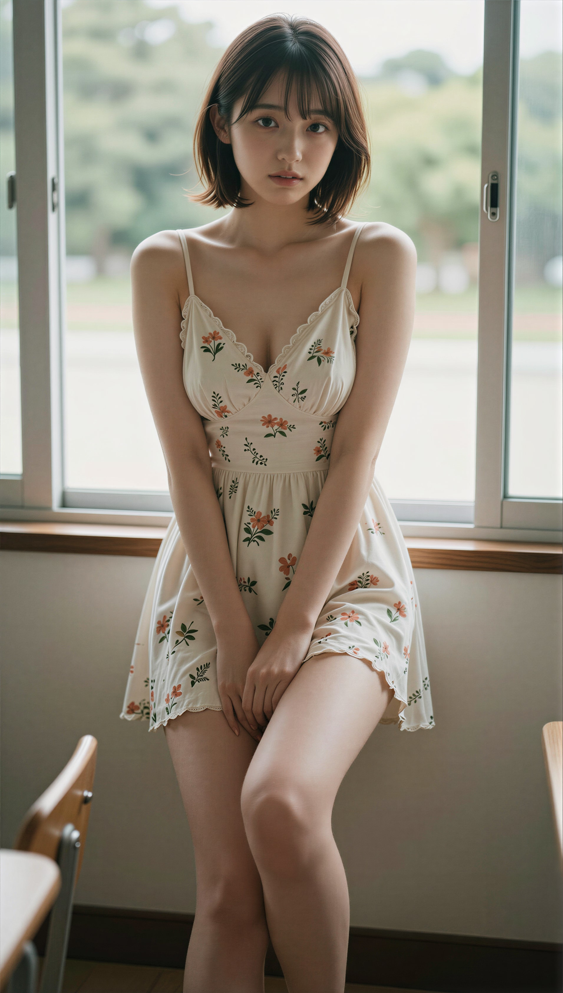 夏の窓際の花柄ワンピース 6