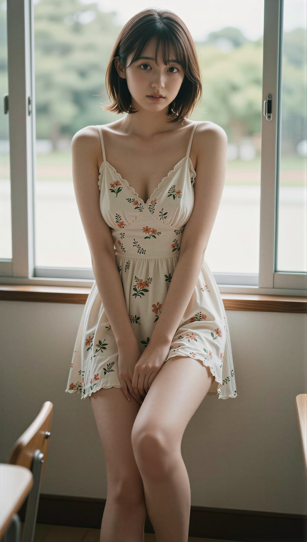 夏の窓際の花柄ワンピース 6