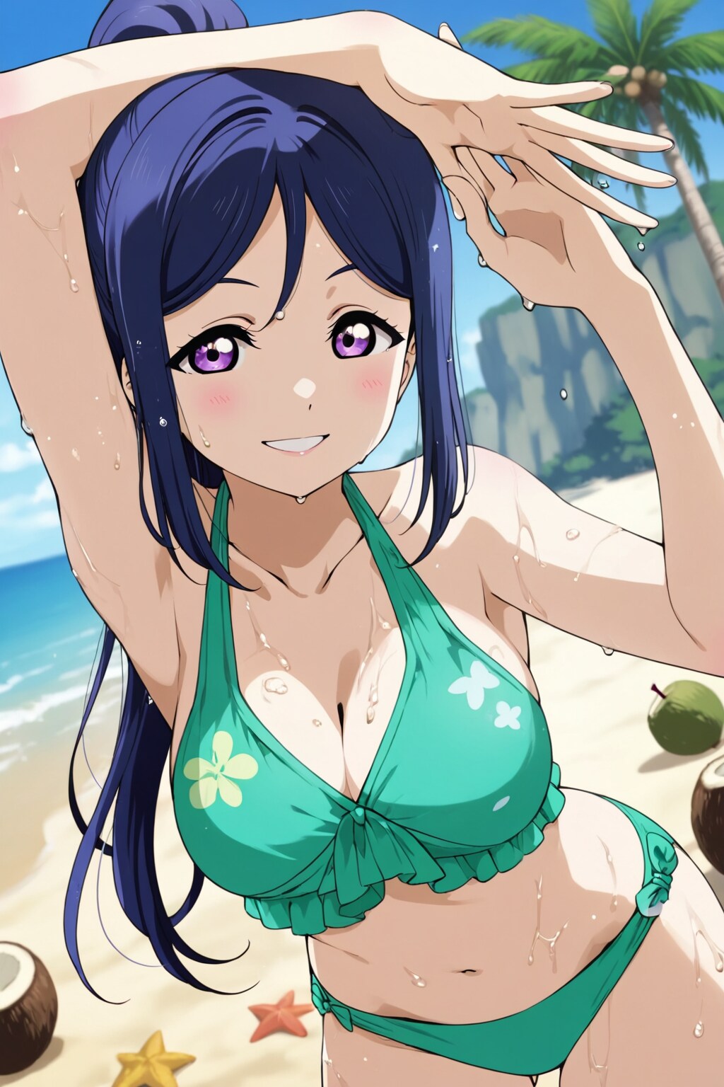 ココナッツビーチで緑色ビキニでストレッチ果南👙🥥🏝️❤️