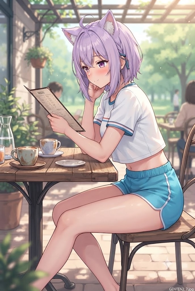 カフェのメニュー見る短パンシス