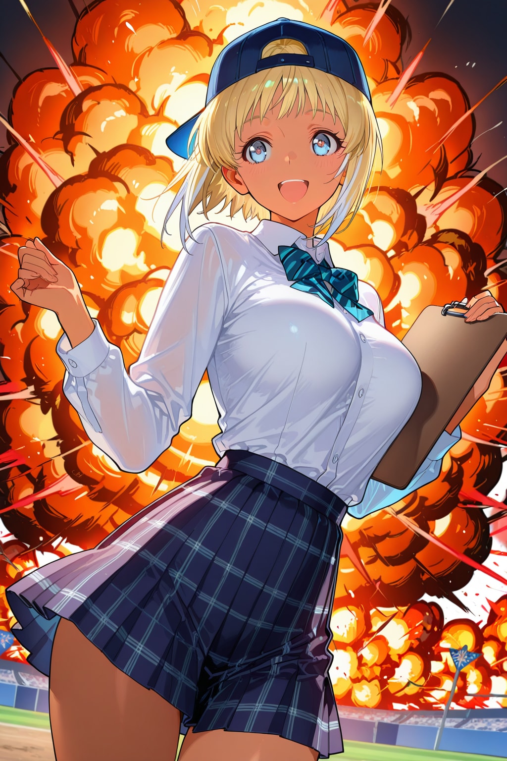 笑顔でスタジアムを爆発するマネージャー