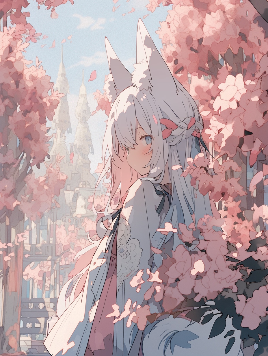 桜舞う古城の白狐姫 | の人気AIイラスト・グラビア