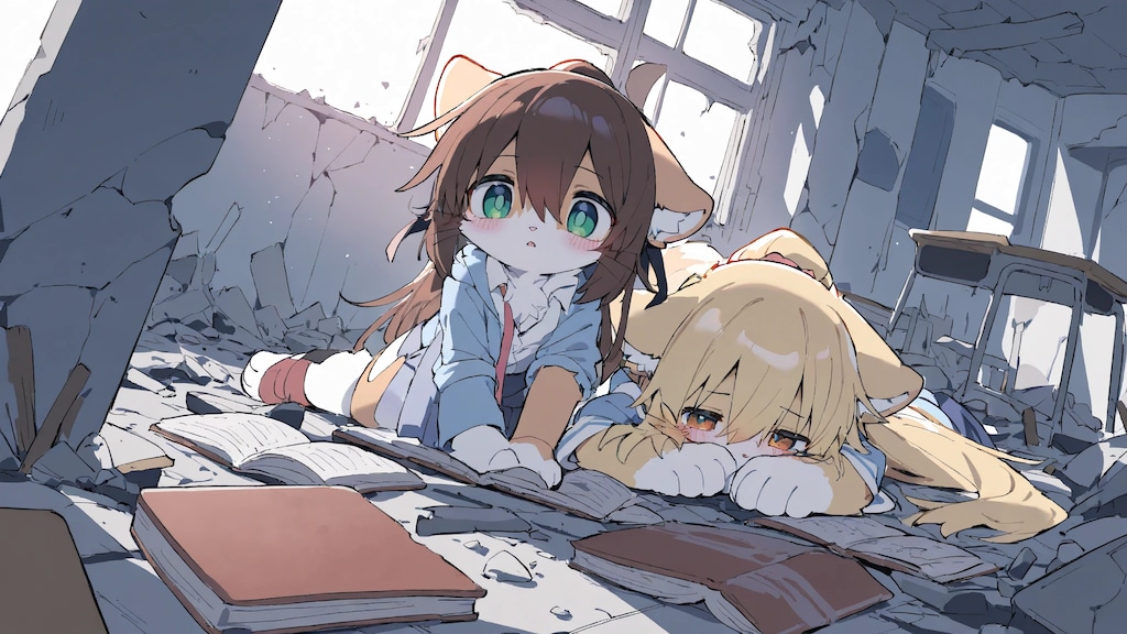 崩壊した教室で勉強する子たち