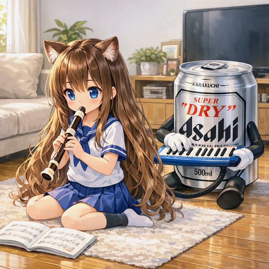 リコーダーの練習をしている小さな女の子