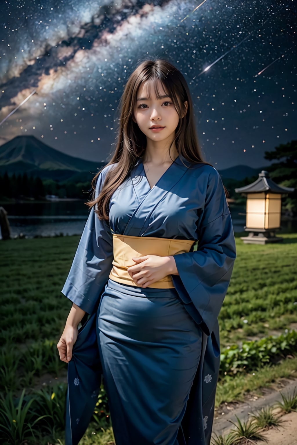 浴衣女子（夏祭り、花火、星空）