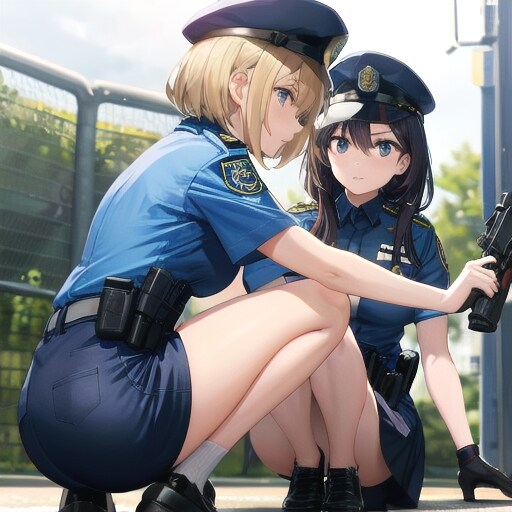 しゃがむ女性警官