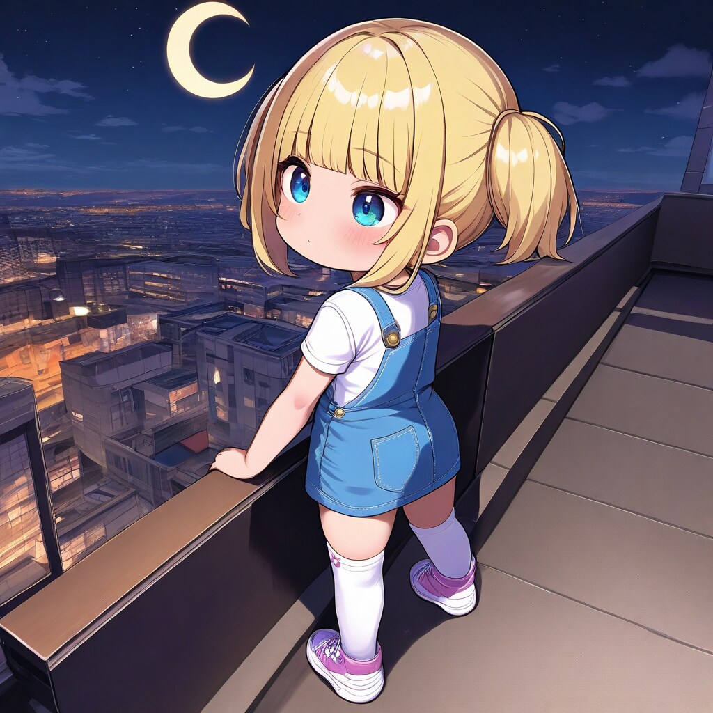 屋上からの夜景と三日月