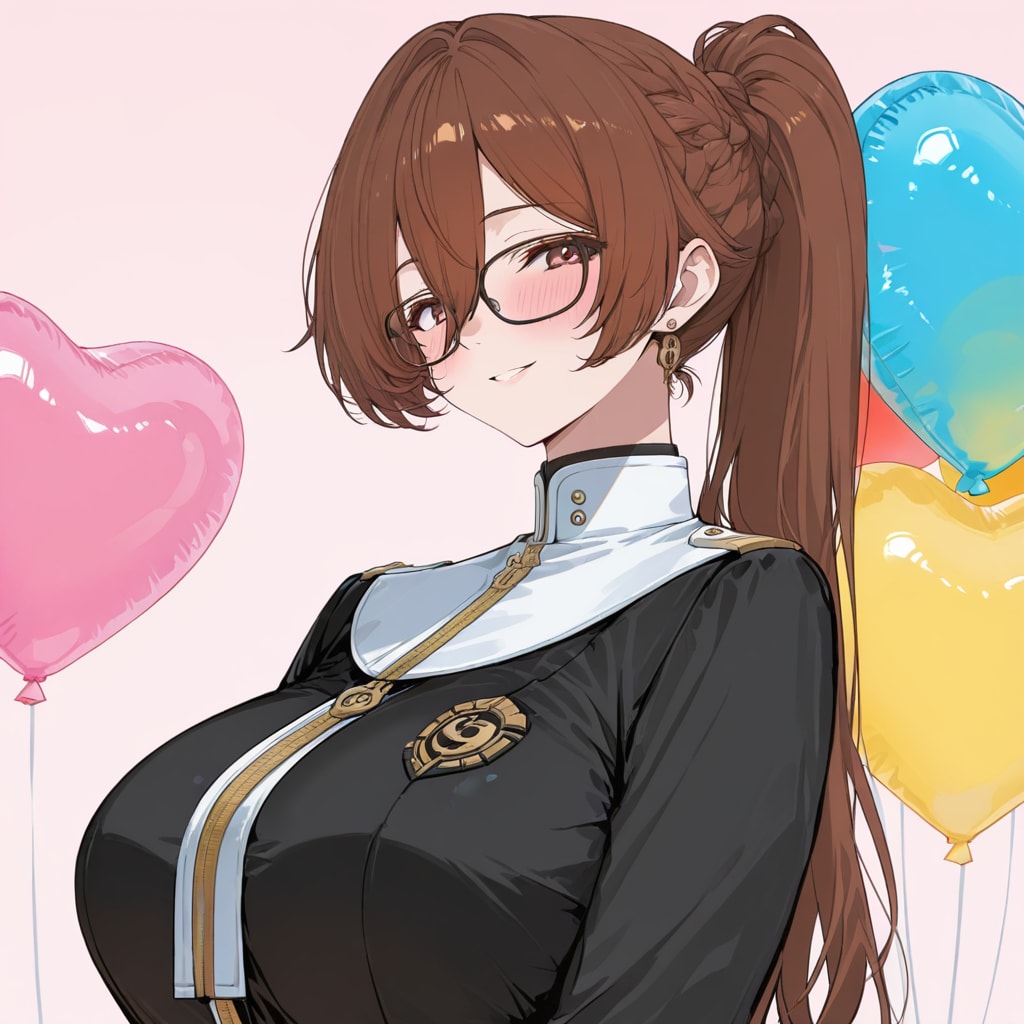 いっぱい色とりどりのハート風船を持つブラウンポニーテールの修道服着た美女