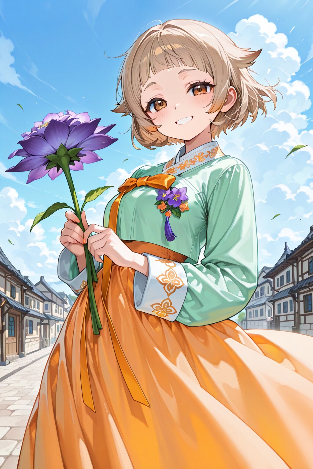 韓服の少女と紫の花