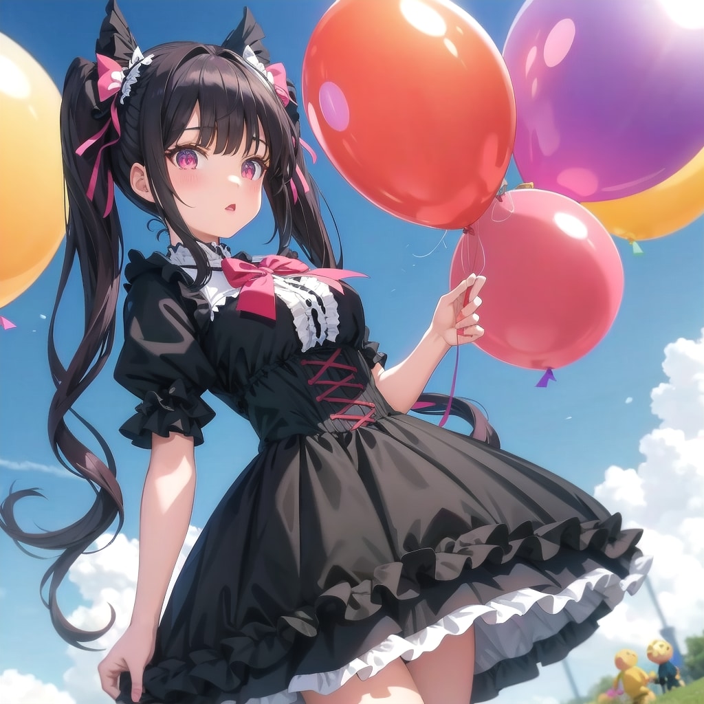 色とりどりの風船を持つゴスロリ衣装着た黒髪ツインテールの美少女 | の人気AIイラスト・グラビア