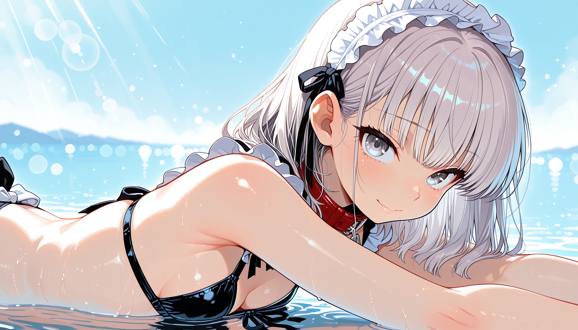 海辺の銀髪メイドちゃん