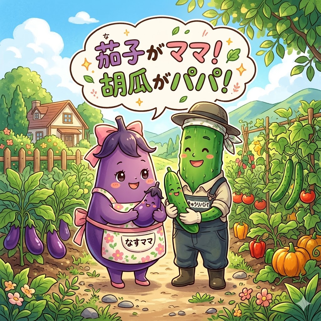 ナスがママ、キュウリがパパ | の人気AIイラスト・グラビア