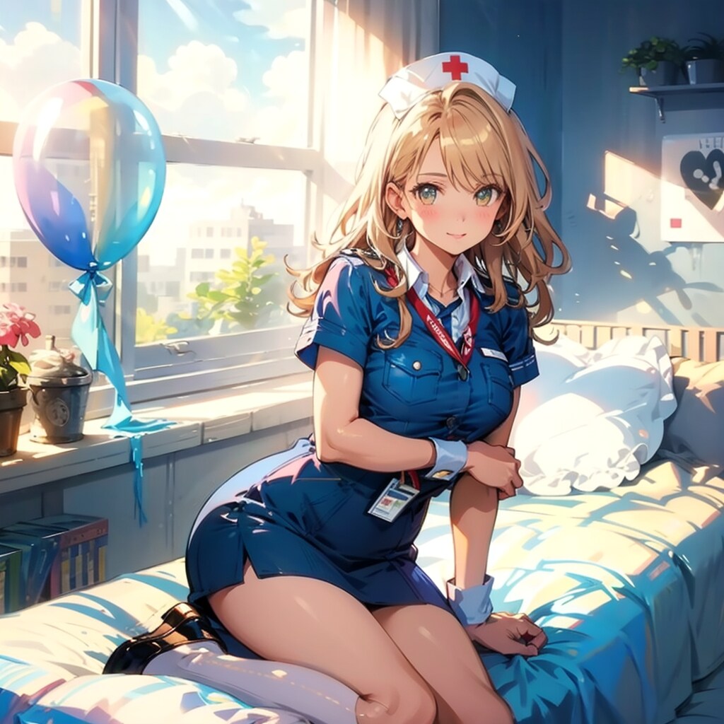 風船を持つブロンドロングのナース服の美女。