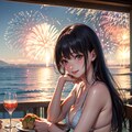 海と花火の見えるレストラン Stable Diffusion　ver. 2枚目