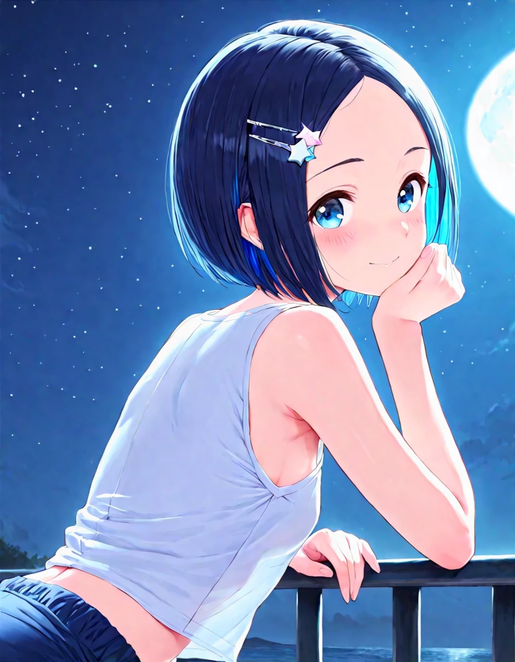 夜、テラスから満月と、白く光る浜が見えた