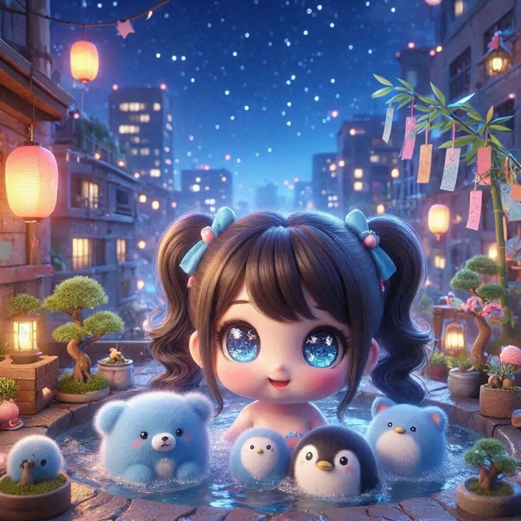 ７　七夕祭りの夜、天の川を見上げる少女と動物の子供