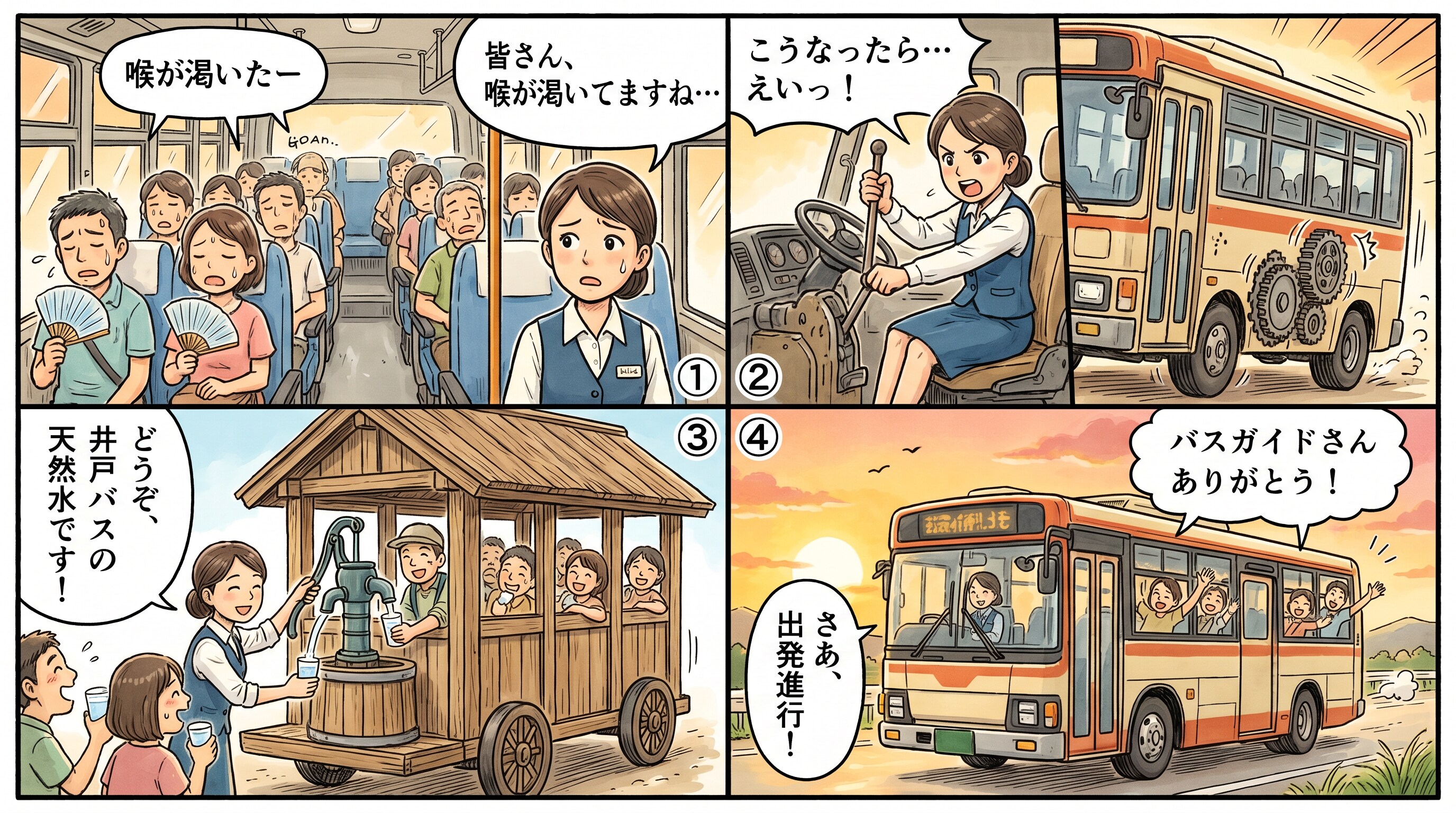 バスが井戸に。
