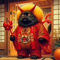 油絵ファンタジー、節分の日に玄関に来た赤鬼コスプレの黒猫 3枚目