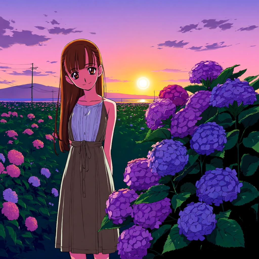 夕日と紫陽花