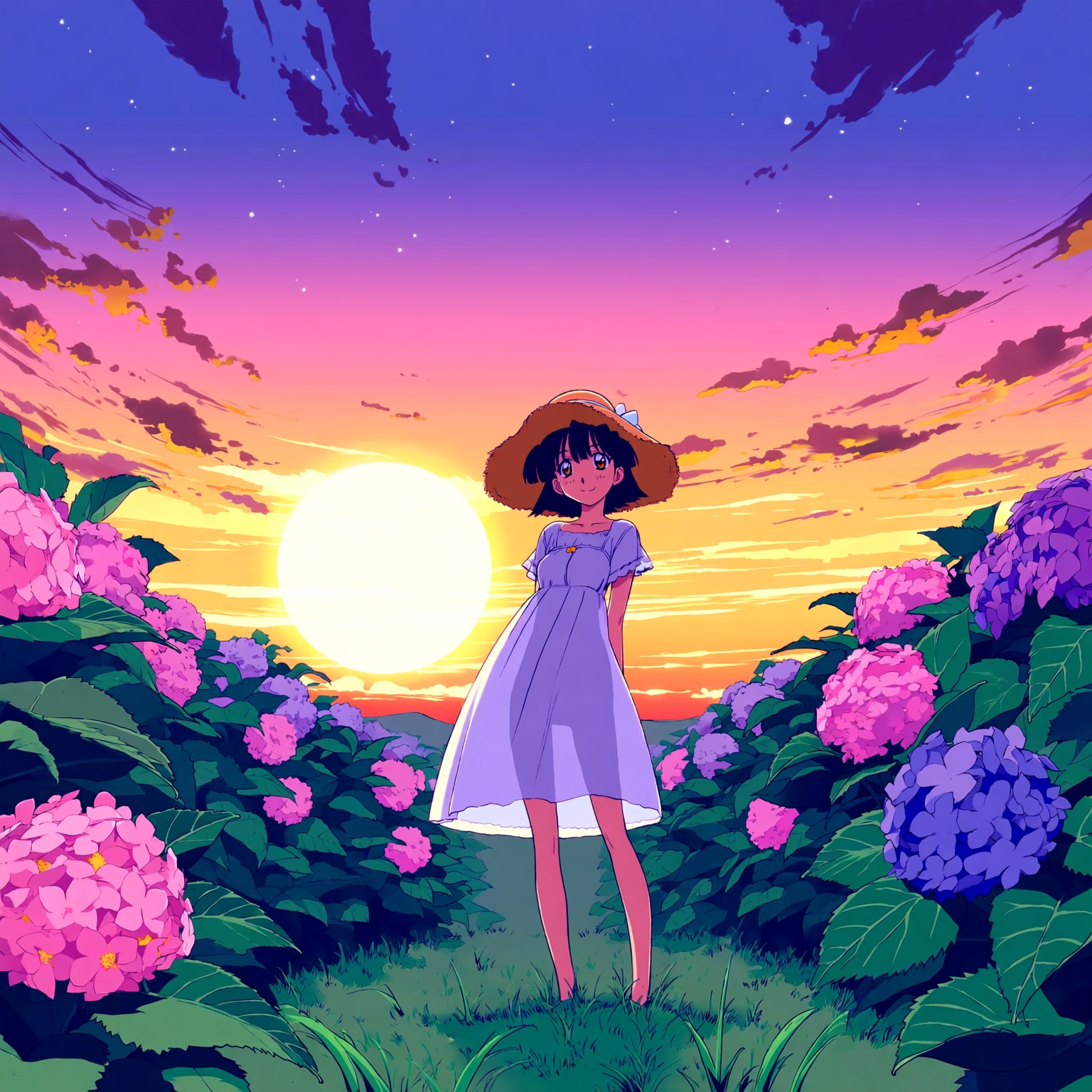夕日と紫陽花