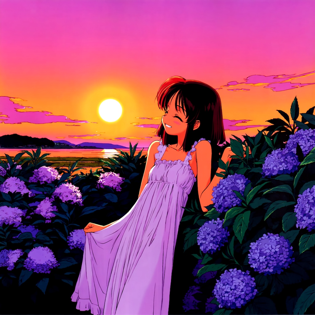 夕日と紫陽花