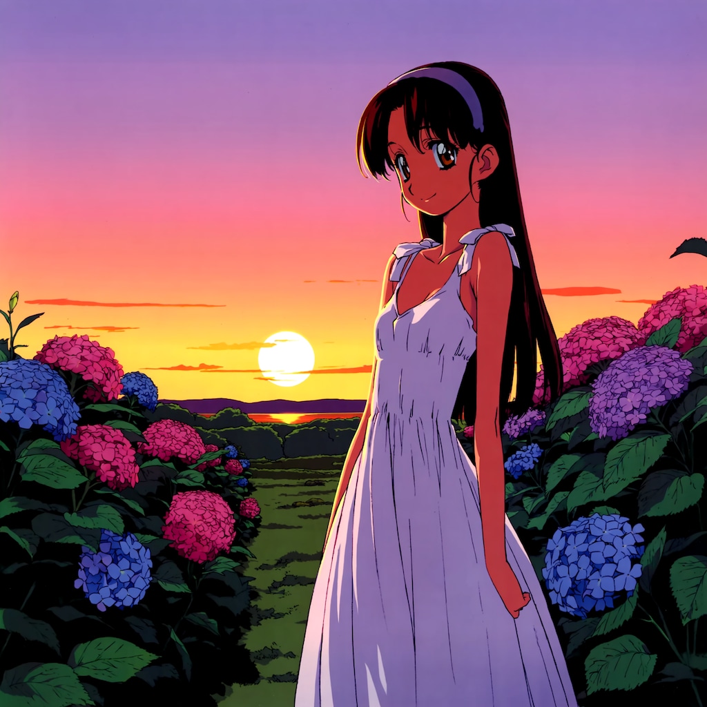 夕日と紫陽花
