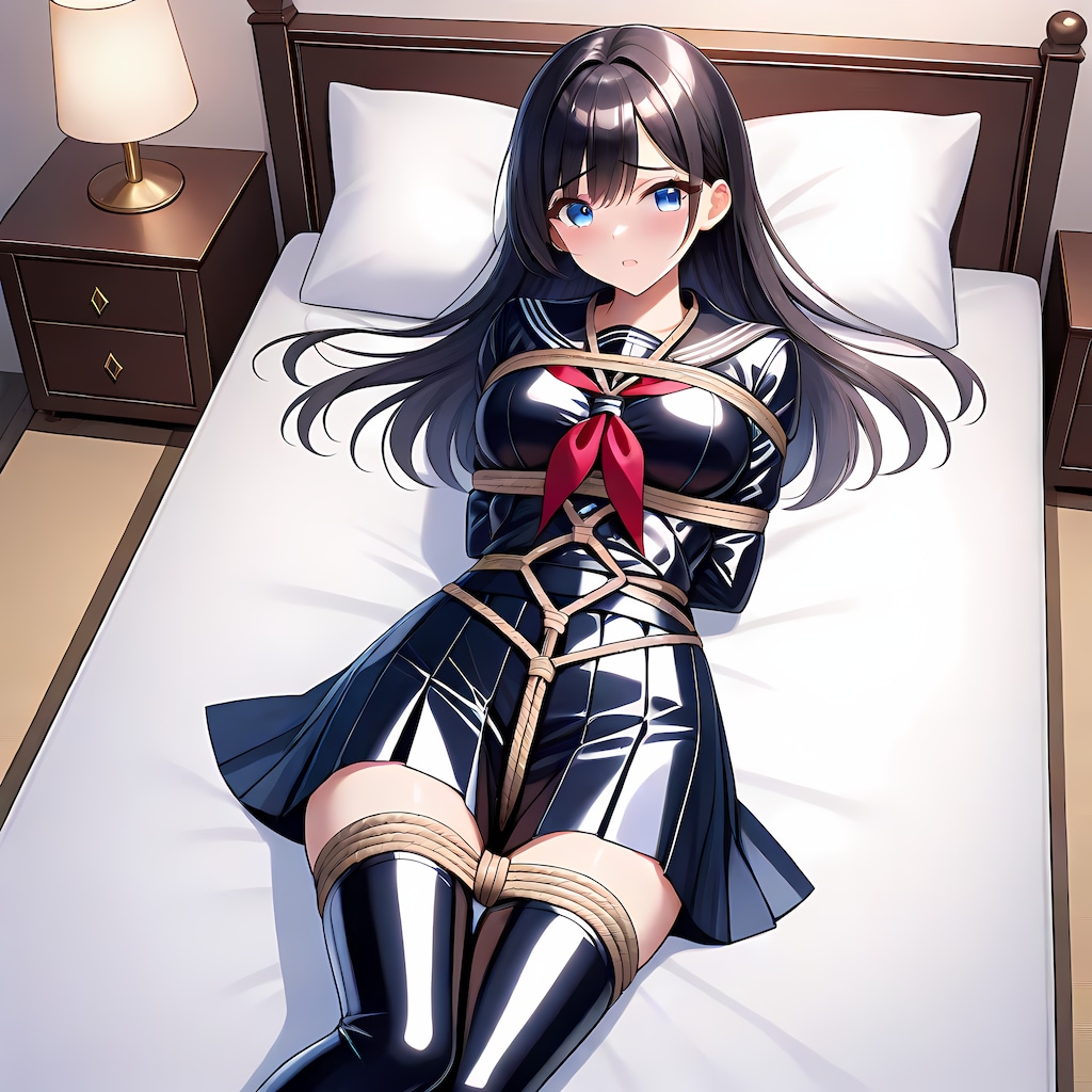 黒エナメルセーラー服サイハイソックス緊縛