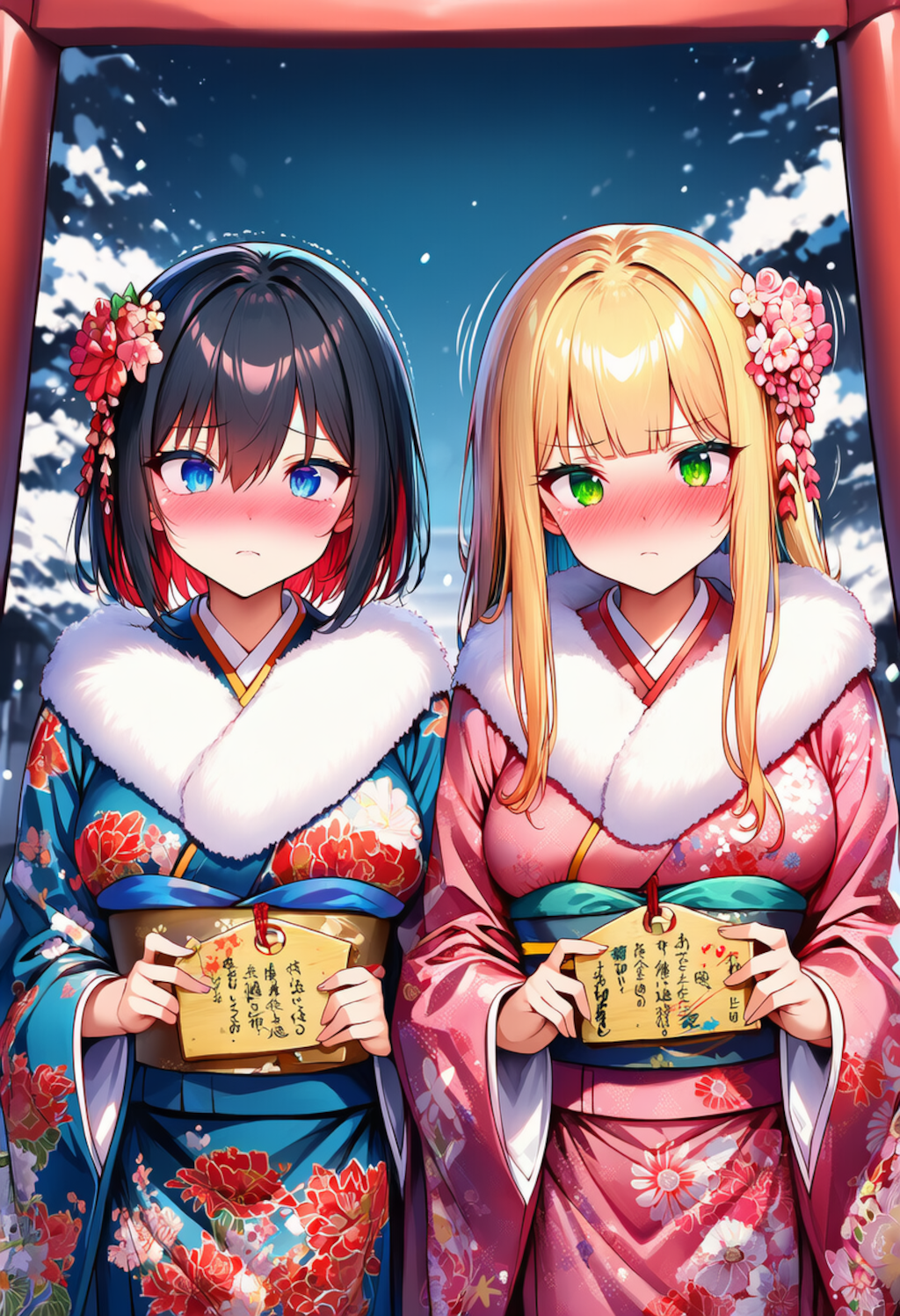 ずっ友でいられるように一番乗りで氏神様にお参りに来た二人組