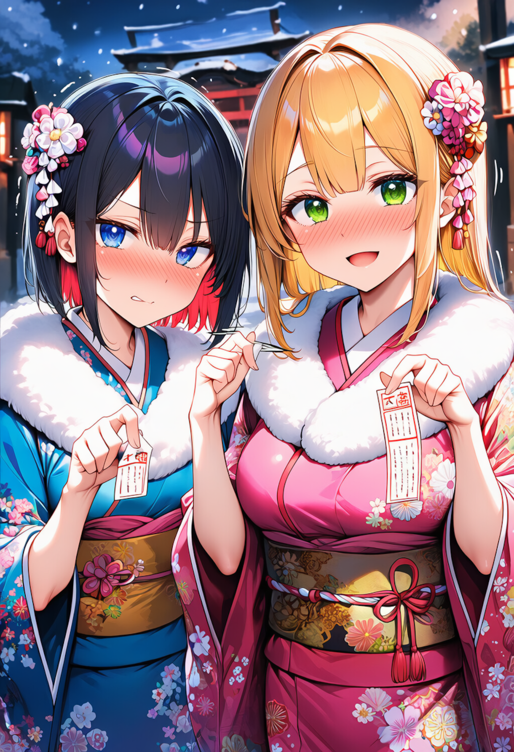 ずっ友でいられるように一番乗りで氏神様にお参りに来た二人組