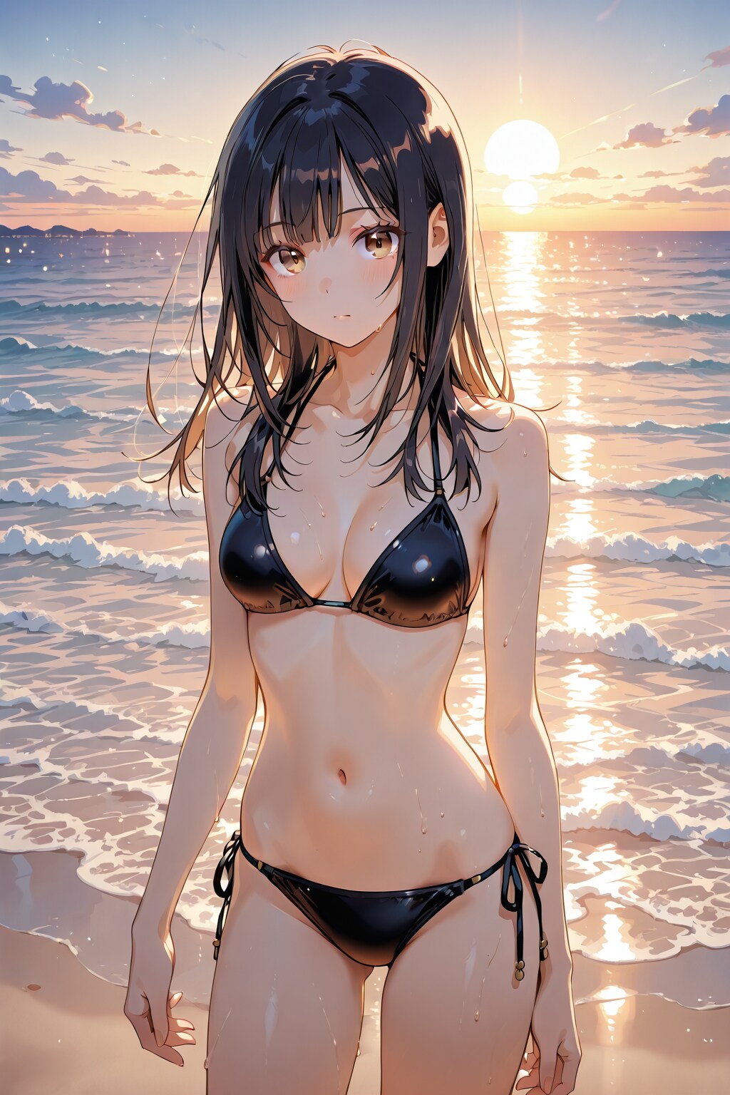 【お試し生成】黒髪ロングのビキニ水着の美少女　ーサンプルプロンプト流用参照ー