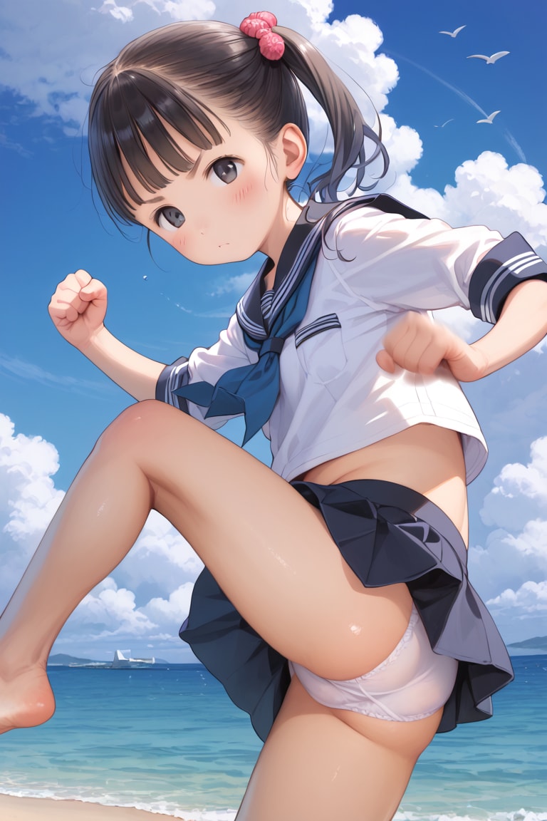 【サンプル】セーラー服〇リJ〇ちゃんたちが海でキックパンチラ（12枚）