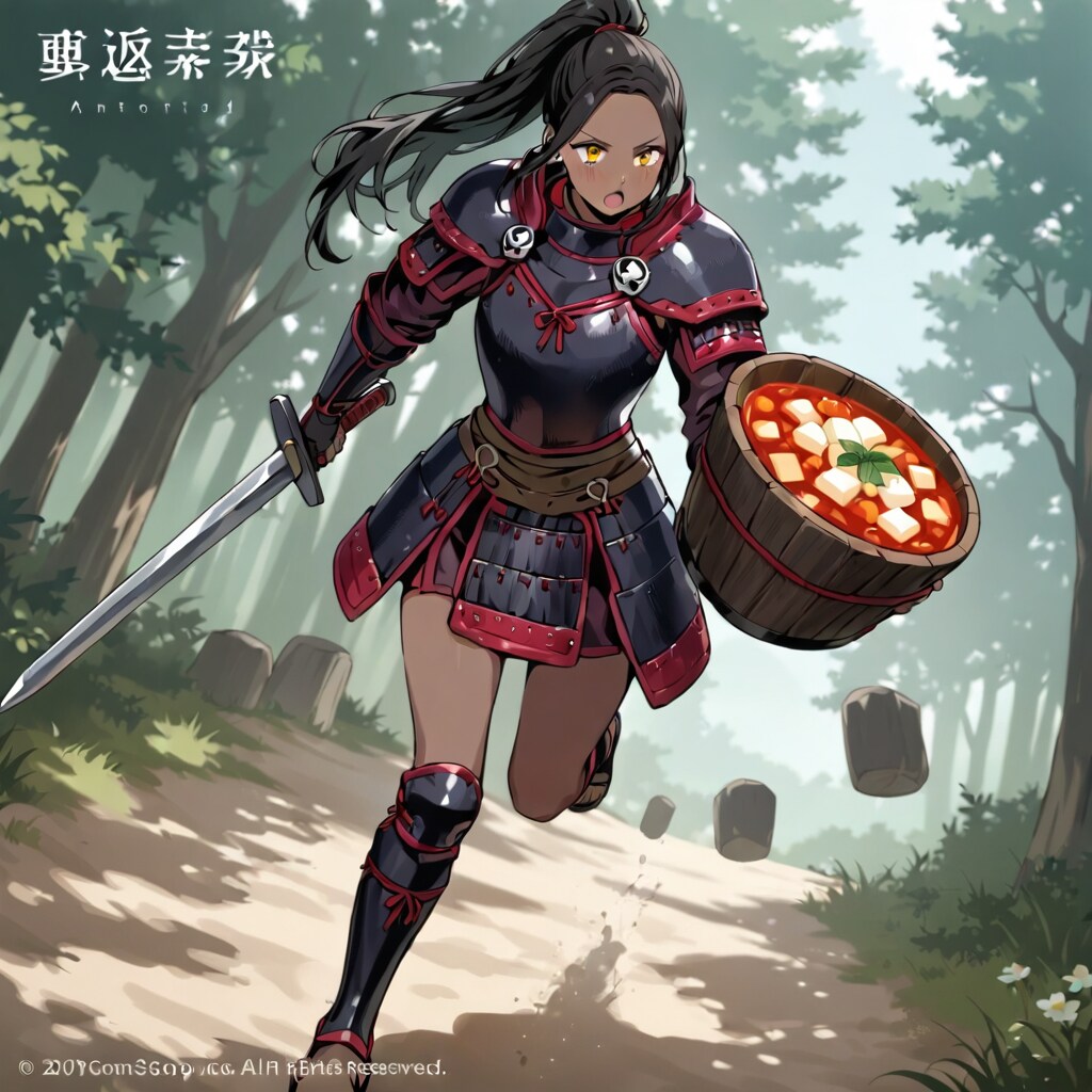 麻婆豆腐を手に走る女戦士。