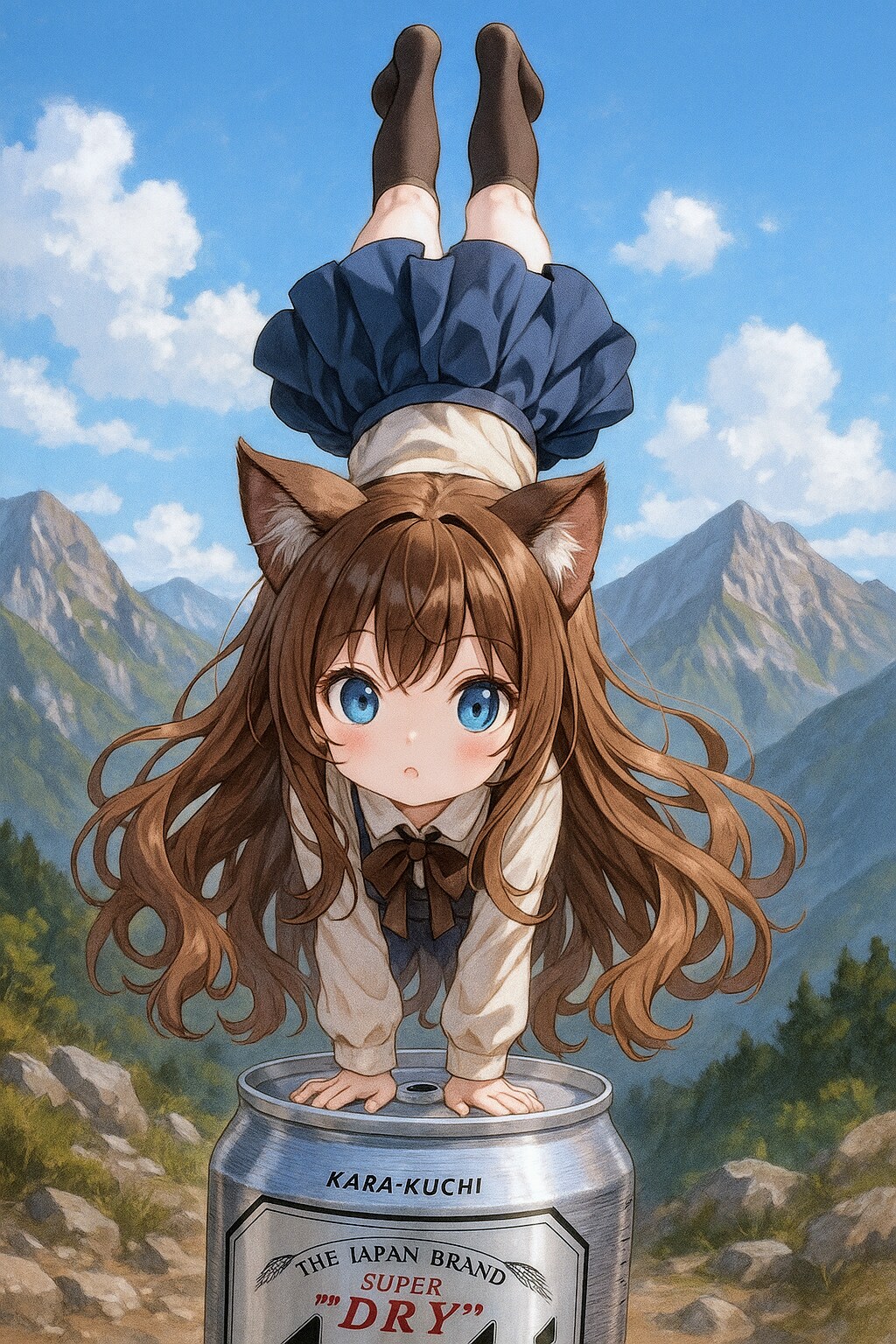 山のなかで逆立ちする小さな女の子