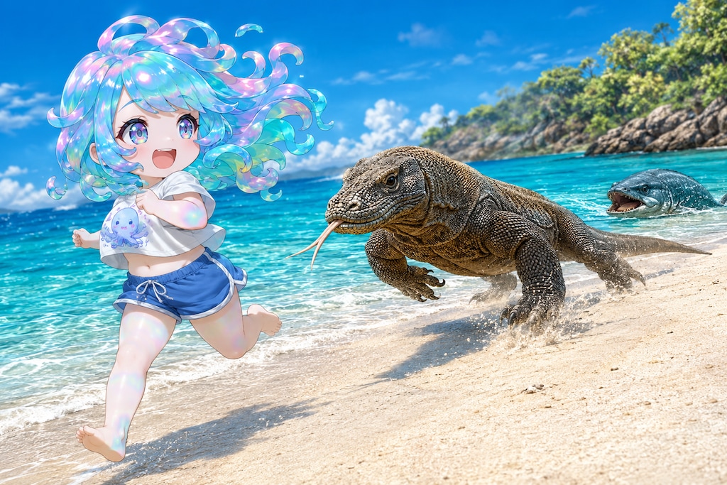 いらすとやのコモドドラゴンを見ながら生成した爽やかシーン