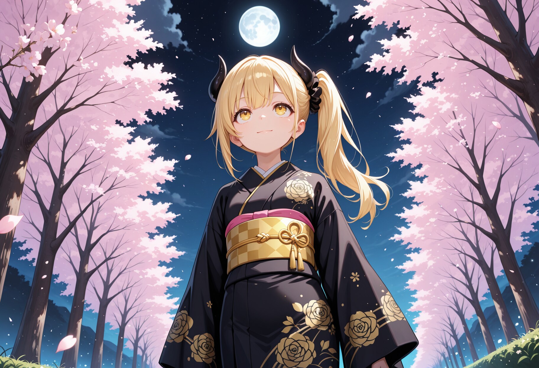 月下の夜桜と着物女鬼高生さん | の人気AIイラスト・グラビア