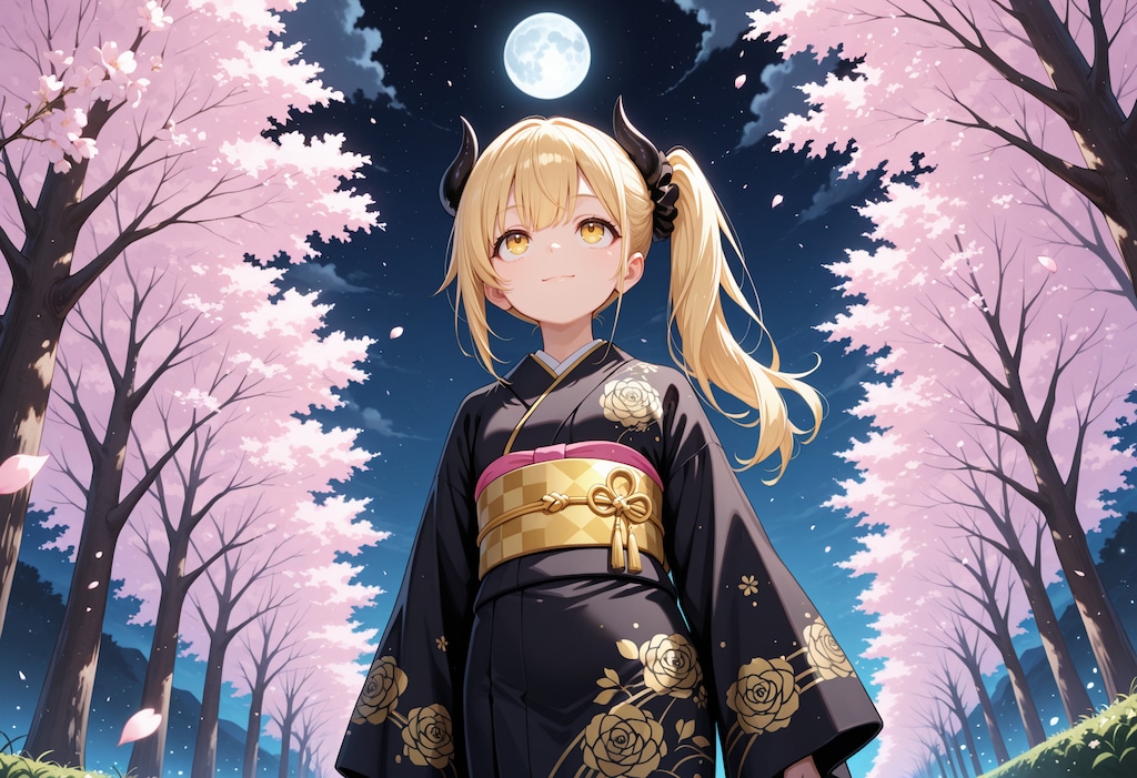 月下の夜桜と着物女鬼高生さん