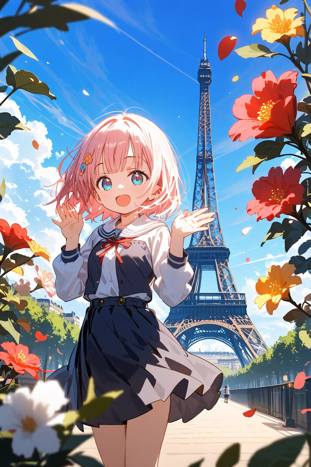 【すしざんまいチャレンジ】エッフェル塔の前ですしざんまいのポーズをするかわいい子だった絵