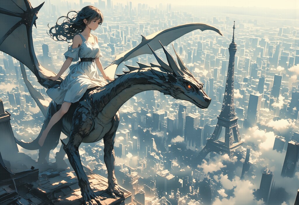 ドラゴンとパリの空を飛ぶ少女